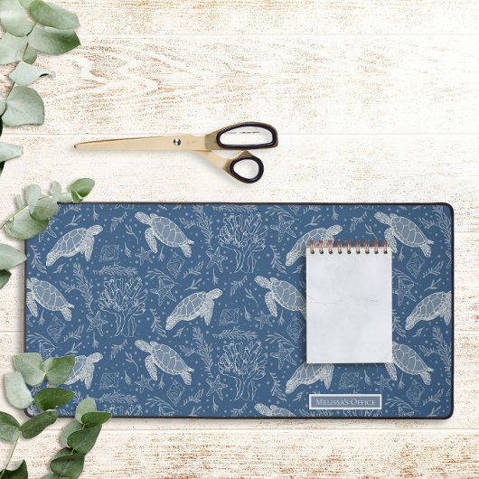 ビーチウミガメ沿岸コーラルラインアートネイビーブルー デスクマット