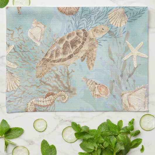 ビーチウミガメ海シーホースシェルヒトデ キッチンタオル (折り畳み)