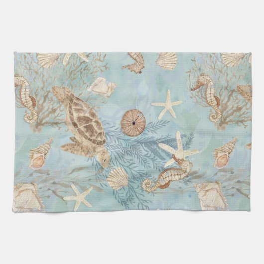ビーチウミガメ海シーホースシェルヒトデ キッチンタオル (横)