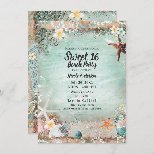 ビーチエレガントシースターフィッシュ&パールスウィート16写真 招待状 (正面/裏面)
