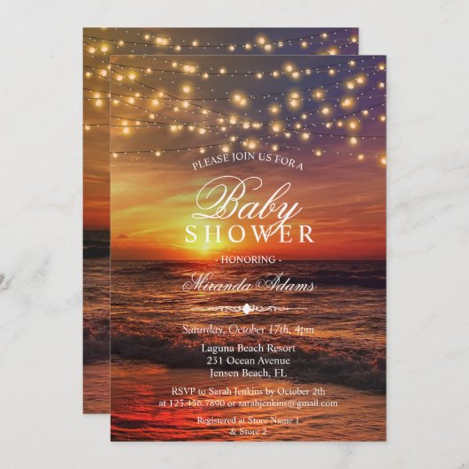ビーチエレガントストリング灯り夏の赤ちゃんシャワー 招待状 (正面/裏面)