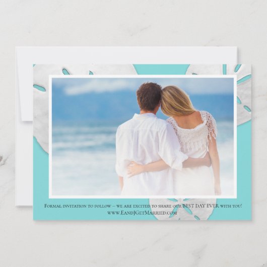 ビーチエレガントティール（緑がかった色）ホワイトサンドドルズ写真 セーブザデート (裏面)