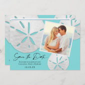 ビーチエレガントティール(緑がかった色)ホワイトサンドドルズ写真 セーブザデート (正面/裏面)