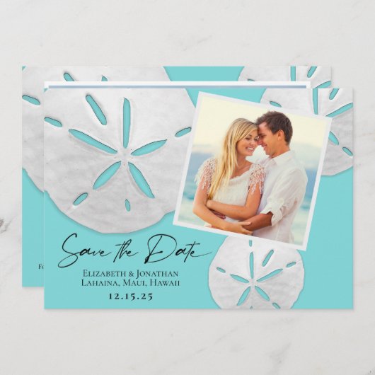 ビーチエレガントティール（緑がかった色）ホワイトサンドドルズ写真 セーブザデート (正面/裏面)