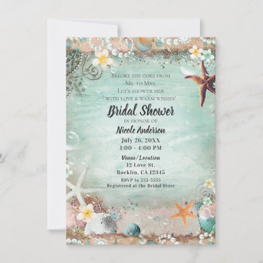 ビーチエレガントヒトデ真珠ブライダルシャワー写真 招待状 (正面)