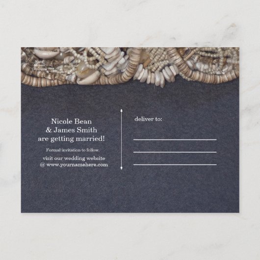 ビーチエレガントプカシェルウェディング日付を保存 案内ポストカード (裏面)