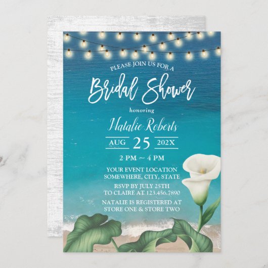 ビーチエレガントリリーフラワーボタニカルブライダルシャワー 招待状 (正面/裏面)