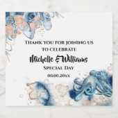 ビーチオクトパス水彩ブルーオレンジサンゴ礁パーティー スパークリングワインラベル (シングルラベル)