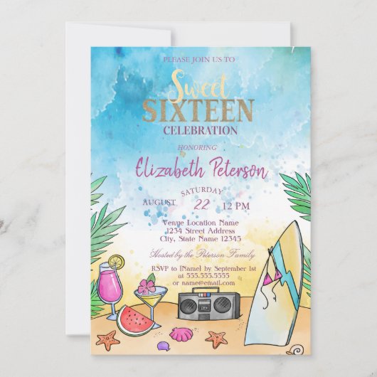 ビーチカクテルフルーツサマースウィート16パーティー 招待状 (正面)