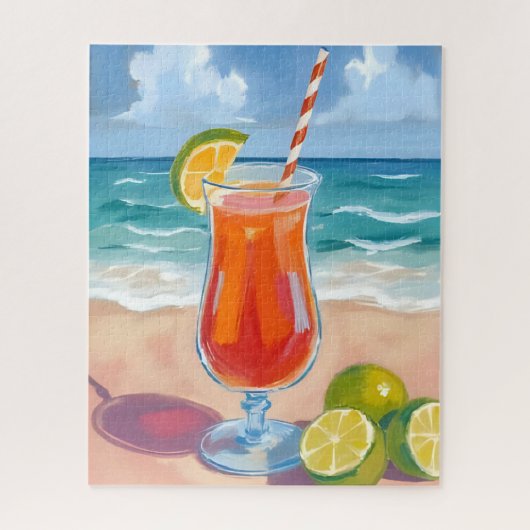 ビーチカクテル | 海の波の水彩画 ジグソーパズル (縦)