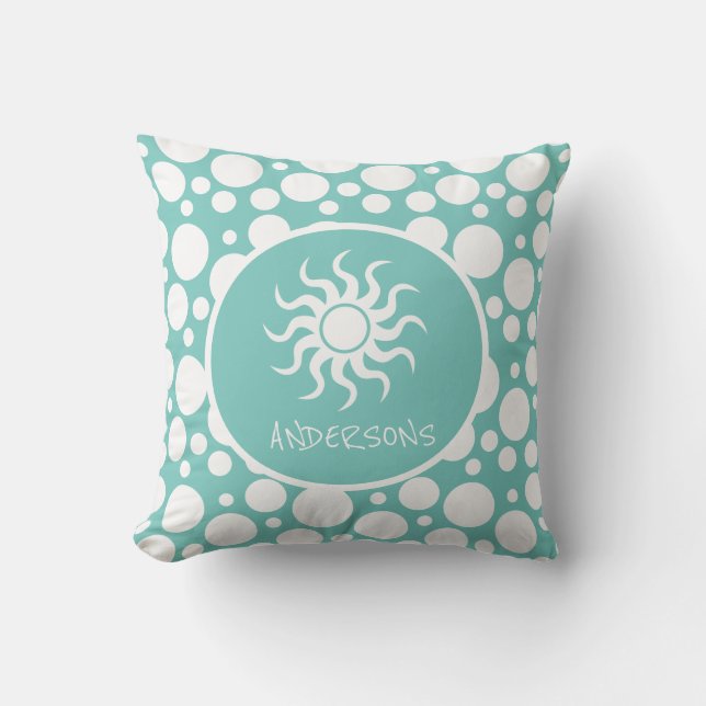 ビーチカスタムコテージデコール（名前付き） -ティール（緑がかった色）スロー アウトドアクッション (正面)