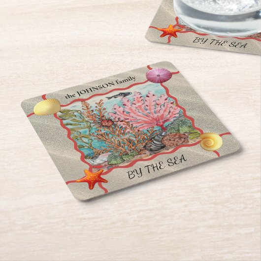 ビーチカスタムハウス海コーラルフィッシュカニS スクエアペーパーコースター (アングル)