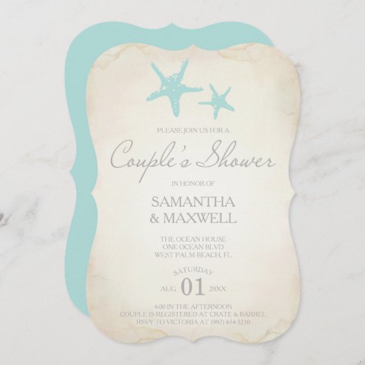 ビーチカップルのシャワー招待状- Starfish 招待状 (正面/裏面)