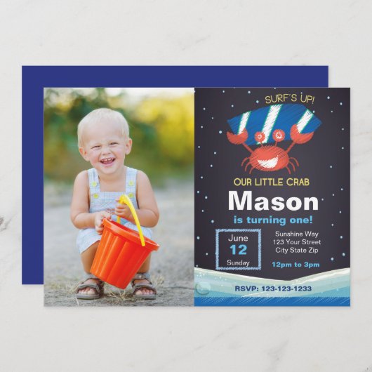 ビーチカニ誕生日招待状（写真付） 招待状 (正面/裏面)