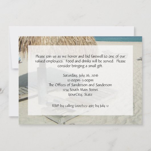 ビーチカバナシーンリタイアメントパーティの招待状 招待状 (裏面)