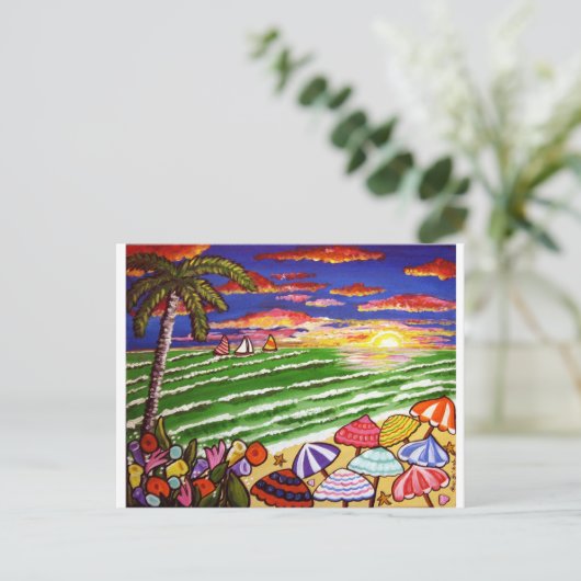 ビーチカラフルサンセットフォークアート ポストカード (スタンド正面)