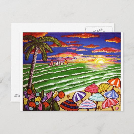 ビーチカラフルサンセットフォークアート ポストカード (正面/裏面)