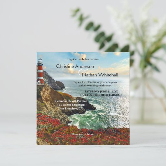 ビーチカラフルライトハウス結婚式招待状 招待状 (スタンド正面)