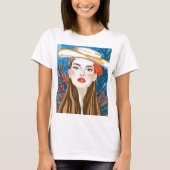 ビーチガールブルーオレンジグラフィックプリント Tシャツ (正面)