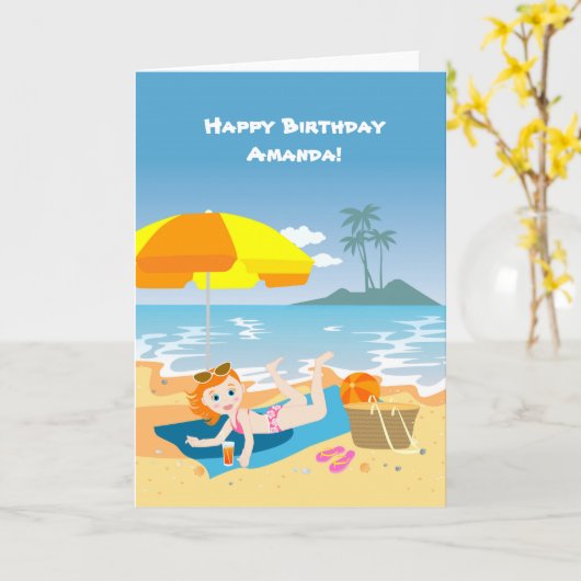 ビーチガール夏の誕生日の挨拶 カード (黄色い花)