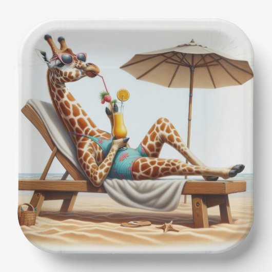 ビーチキリンがカクテルを飲む ペーパープレート (正面)