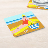 ビーチキーン-黄色 スクエアペーパーコースター (アングル)