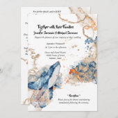 ビーチクジラヒトデ水彩ネービーオレンジ海洋 招待状 (正面/裏面)