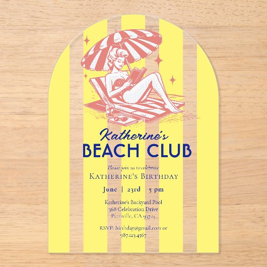 ビーチクラブイエローカバナストライプバースデーパーティー アクリル招待状 (正面)