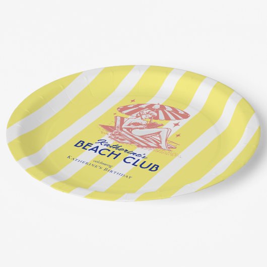 ビーチクラブイエローカバナストライプバースデーパーティー ペーパープレート (アングル)