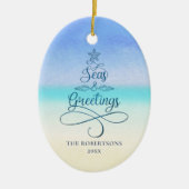 ビーチクリスマスの海と挨拶 セラミックオーナメント (正面)