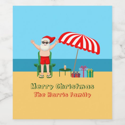 ビーチクリスマスサマーサンタクロースカスタムパーティー ワインラベル (シングルラベル)