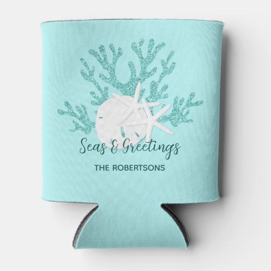 ビーチクリスマスサンドドルスターフィッシュアクアブルー 缶クーラー (正面)