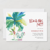 ビーチクリスマスパーティーウォーターカラーパームツリーサンタ 招待状 (正面)