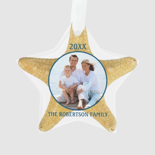 ビーチクリスマスヒトデ家族フォトホワイトブルー オーナメント (裏面)