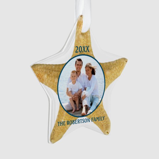ビーチクリスマスヒトデ家族フォトホワイトブルー オーナメント (正面)