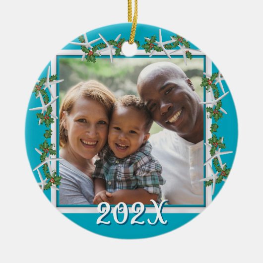 ビーチクリスマスフォトオーナメントスターフィッシュブルー セラミックオーナメント (正面)