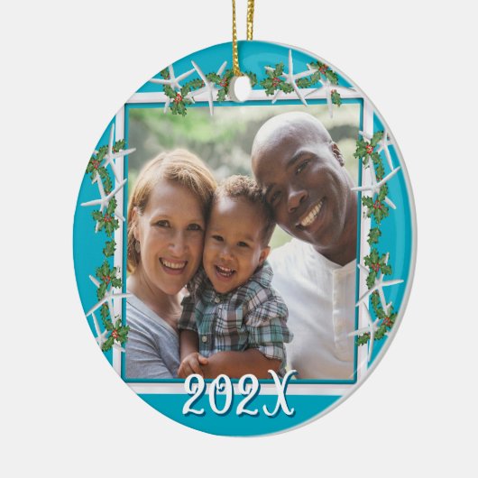 ビーチクリスマスフォトオーナメントスターフィッシュブルー セラミックオーナメント (左)