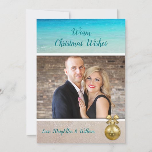ビーチクリスマス写真テンプレート金ゴールドオーナメントカード シーズンカード (正面)