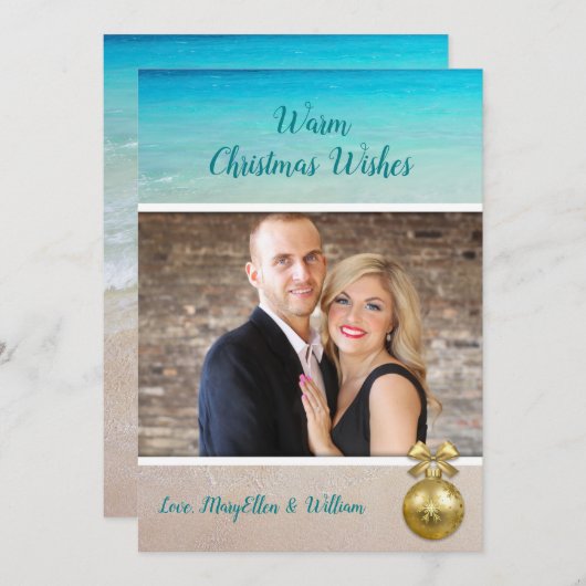 ビーチクリスマス写真テンプレート金ゴールドオーナメントカード シーズンカード (正面/裏面)