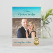 ビーチクリスマス写真テンプレート金ゴールドオーナメントカード シーズンカード (スタンド正面)