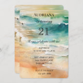 ビーチクリームターコイズアクア海誕生日 招待状 (正面/裏面)