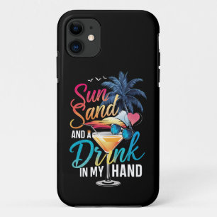 ビーチクルーズで日差しに輝く砂浜と手に飲み物 iPhone 11 ケース