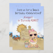 ビーチクールベビー1st誕生日招待状for Girls 招待状 (正面/裏面)