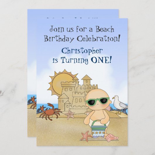 ビーチクール男の赤ちゃん1st誕生日招待状 招待状 (正面/裏面)