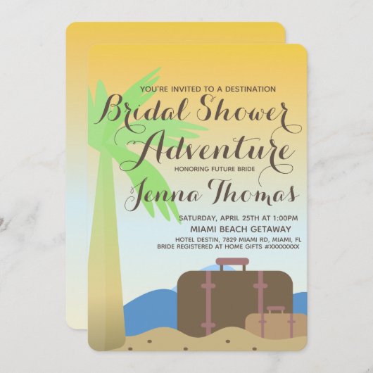 ビーチグラデーションスーツケースの宛先ブライダルシャワー 招待状 (正面/裏面)