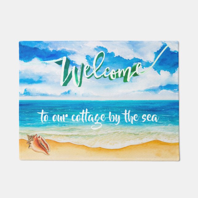 ビーチコテージウォーターカラーオーシャンサイドショア ドアマット (正面)