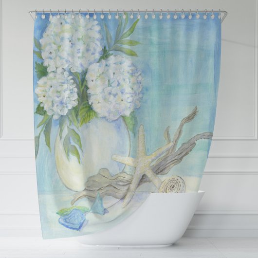 ビーチコテージシーシェルスターフィッシュwシーガラスフローラ シャワーカーテン