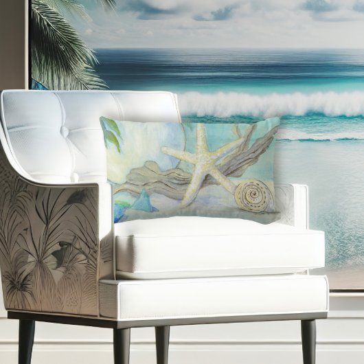 ビーチコテージホワイトアクアブルーシーシェルンシーガラス ランバークッション