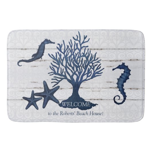 ビーチコースタルネイビーブルーンウッドシーホースコーラル バスマット (正面)