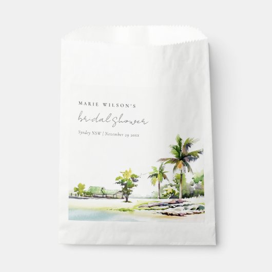 ビーチコースタルパームツリーズウォーターカラーブライダルシャワー フェイバーバッグ (正面)
